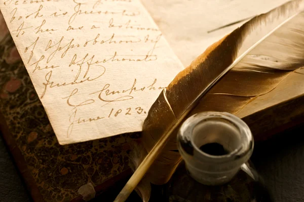 stock image Old book with feather and inkpot