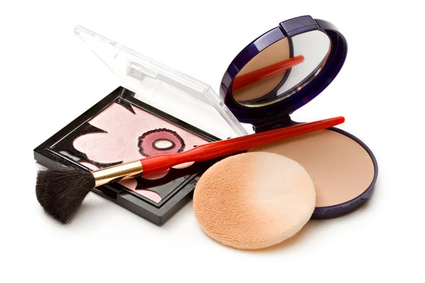 Make-up in polvere in scatola e make up pennello — Foto Stock
