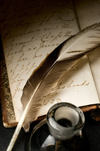 Kuş tüyü ve inkpot eski kitap — Stok fotoğraf