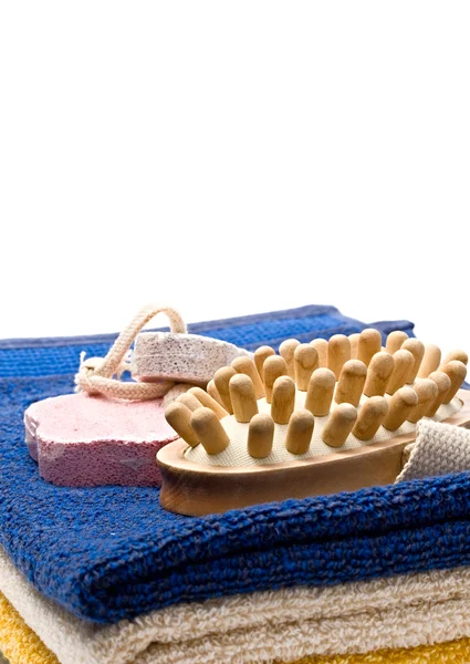 Towels, brush and pumice stones — Stock Photo, Image