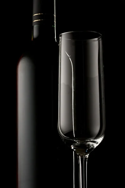 Bottiglia di vino e bicchiere vuoto — Foto Stock