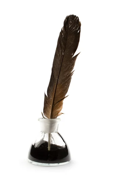 Butelka z piórkiem i tuszem — Zdjęcie stockowe