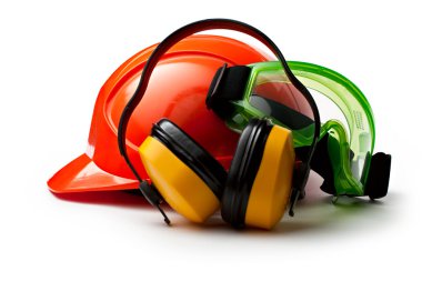 Red safety helmet with earphones and goggles clipart