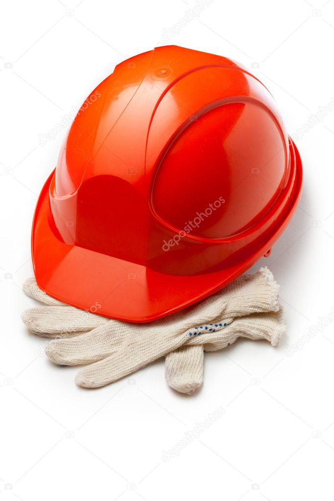Red safety helmet with gloves