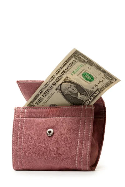 Bolsa de veludo lilás com dólar — Fotografia de Stock