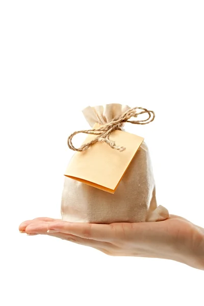 Sacco regalo con carta in mano femminile — Foto Stock
