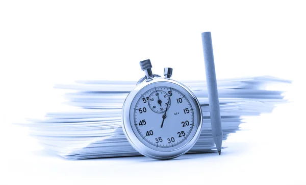 Pile of paper cards with pencil and stopwatch — Stock Photo, Image