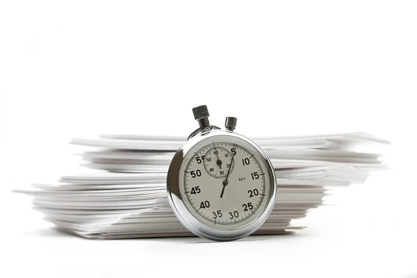 Pile of paper cards and stopwatch — Stock Photo, Image