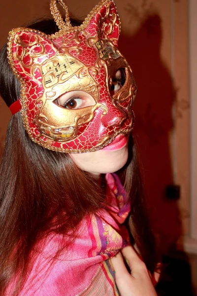 Portrait of a girl in a Venetian mask cat — Stock Photo, Image