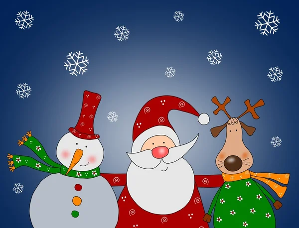 Santa claus, snögubbe och renar — Stockfoto