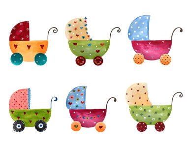 Baby prams. Set of decorative elements clipart