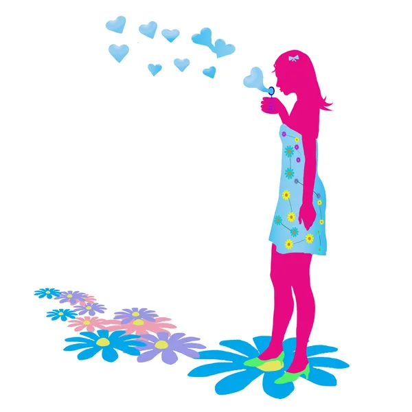 Girl blowing heart bubbles — Stock Vector