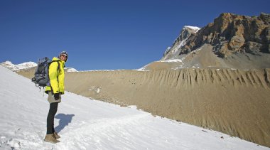 Panoramic view of trekker in the annapurnas, nepal clipart