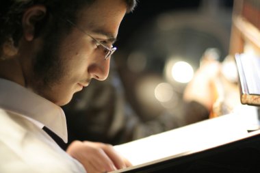 Young Lag Ba'omer pilgrim reading the Torah during the festivities. clipart