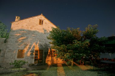 Night shot of house with palm tree shadow casted of wall clipart