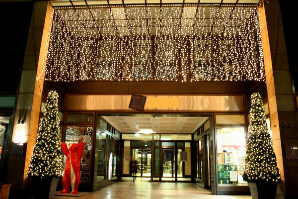 Entrance to department store during christmas celebrations