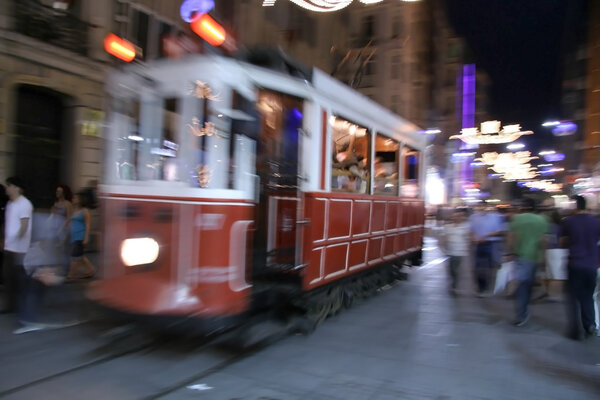 Old red tram in taksim, istanbul, turkey