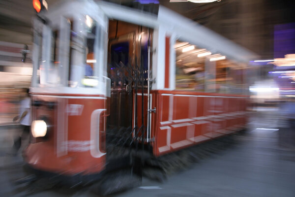 Old red tram in taksim, istanbul, turkey