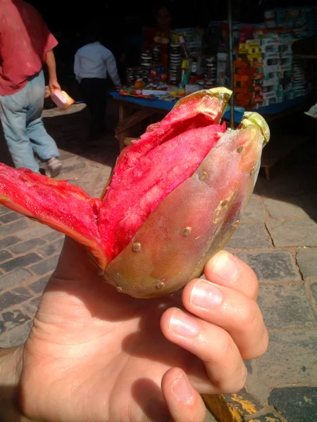 Pera de nopal rosa sostenida en la mano, cusco, perú — Foto de Stock