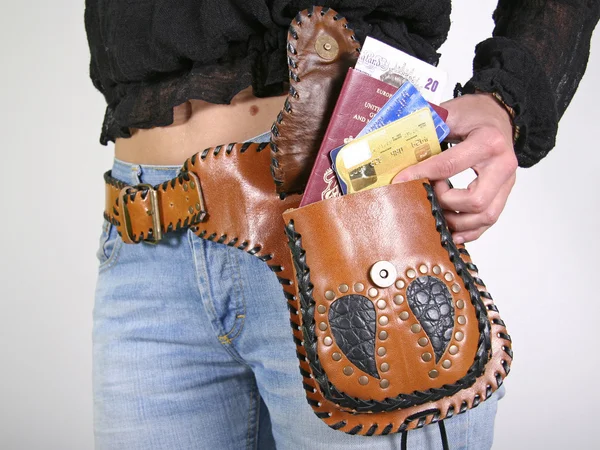 Series: woman posing with money belt bag — Stock Photo, Image