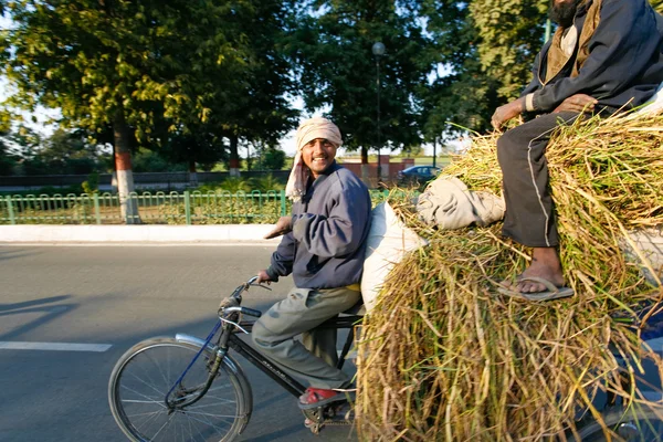 两名男子运送草使用人力车自行车 — 图库照片
