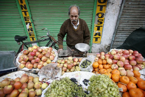 Przekupka w delhi, sprzedaje swoje produkty — Zdjęcie stockowe
