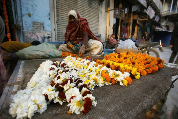 Oude dame verkopen bloemen, delhi, india — Stockfoto