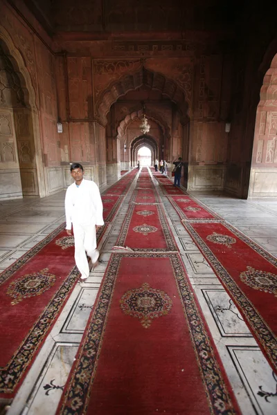 Junge geht auf Teppich, jama masjid, delhi, indien — Stockfoto