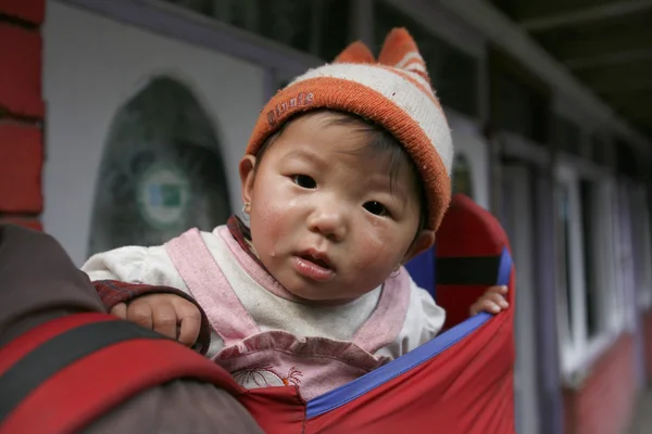 Pequeño niño gurung en la espalda del padre, annapurna, nepal —  Fotos de Stock