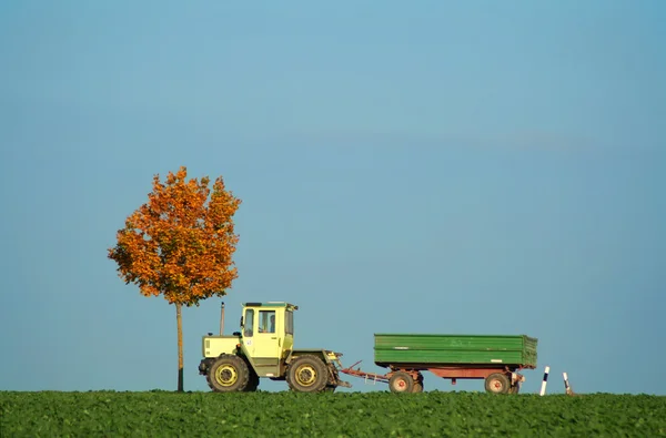 Ciągnik jazdy wzdłuż pola jesienią — Zdjęcie stockowe