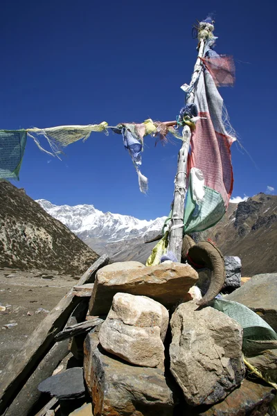 Dua bayrakları ve taşlarla annapurna, nepal — Stok fotoğraf