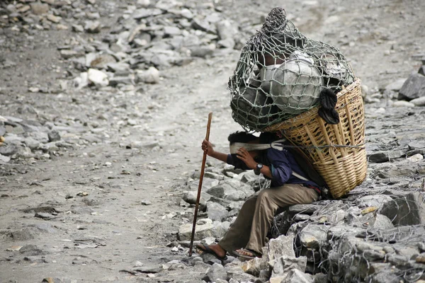 Uomo che trasporta carichi pesanti, annapurna, nepal — Foto Stock