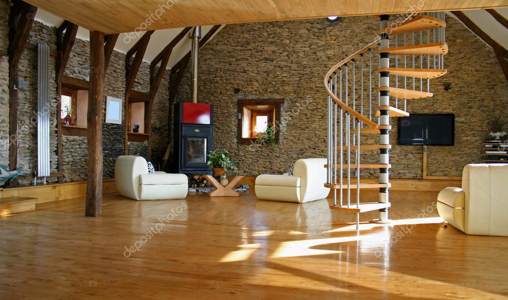 Geval van de trap naar beneden in de woonkamer met open haard en ... Design openhaard woonkamer