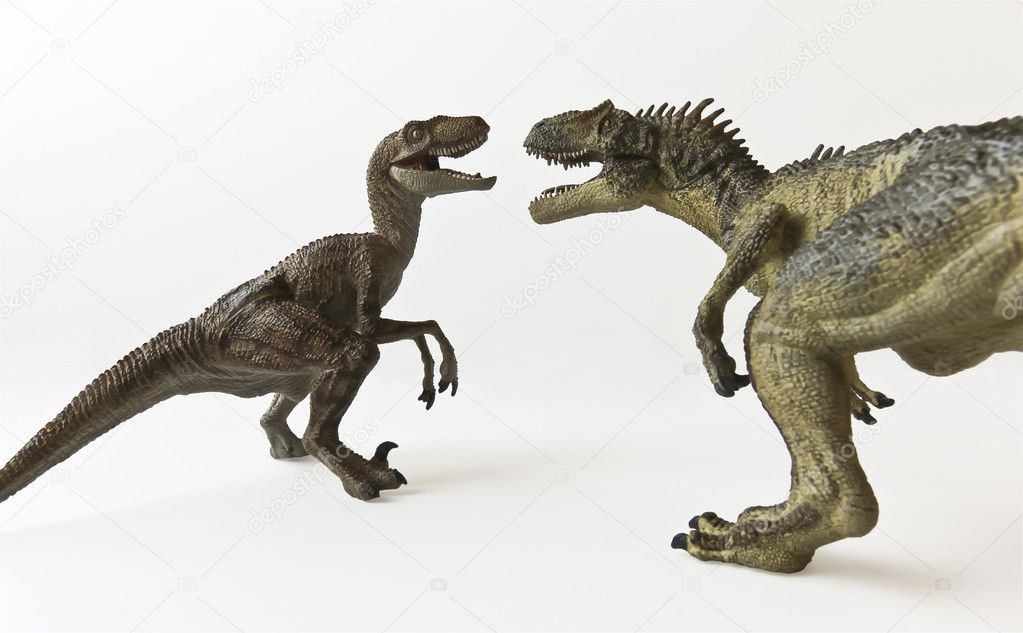 A Velociraptor and Allosaurus Against a White Background
