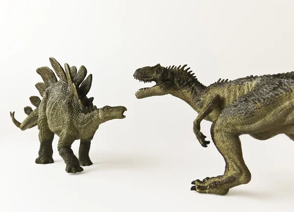 Un Stegosaurus et un Allosaurus sur fond blanc — Photo