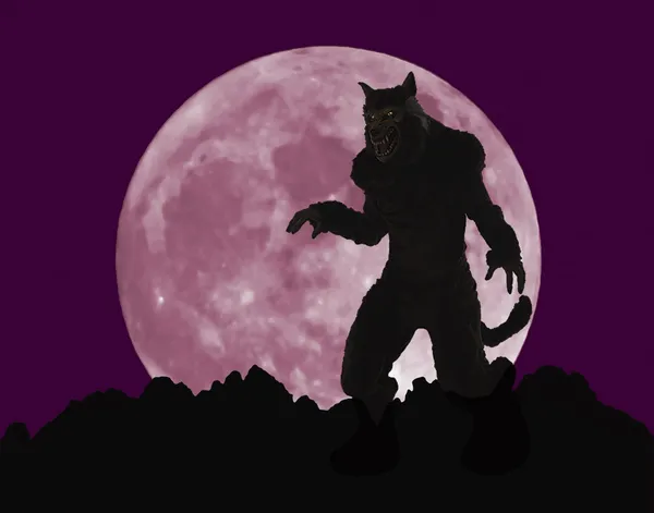 Un hombre lobo se para amenazadoramente ante una luna llena — Foto de Stock
