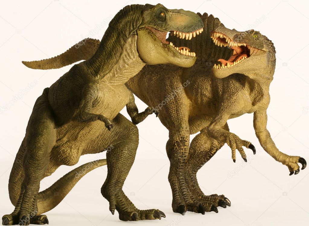 A Spinosaurus and Tyrannosaurus Battle on White