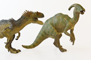 Aç allosaur bir paniğe parasaurolophus menaces