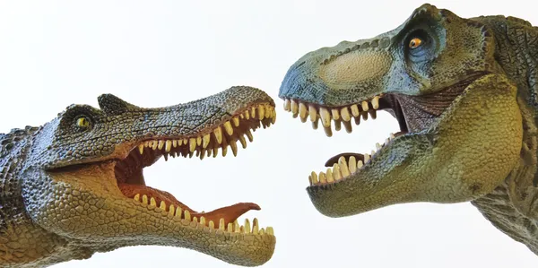 Спинозавр сталкивается лицом к лицу с тираннозавром Рексом — стоковое фото