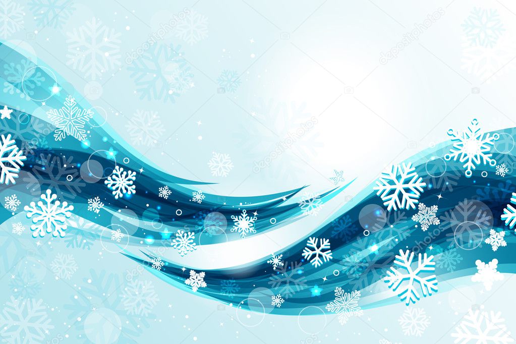 Christmas background with blue waves and snowflakes