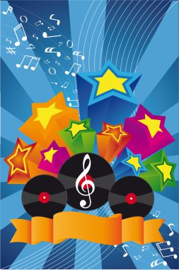 Music background: vinil, notes, stars clipart