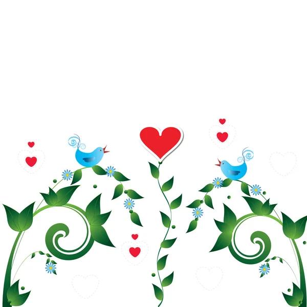 Dos pájaros aman y flores de corazón para postales — Vector de stock