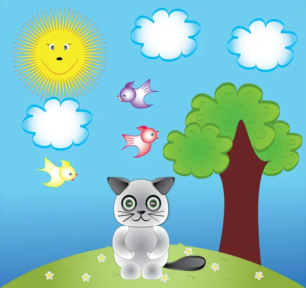 Gatto e uccelli cartone animato clip-art e illustrazione — Vettoriale Stock