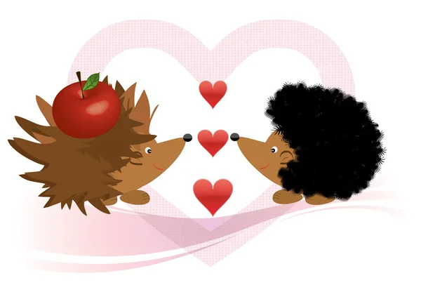 Jeż i jabłko miłości ilustracja pocztówki lub dla dzieci — Wektor stockowy