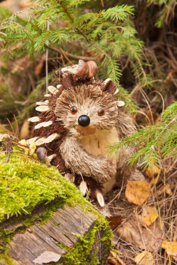 Hedgehog in autumn wood against a fur-tree and a moss clipart