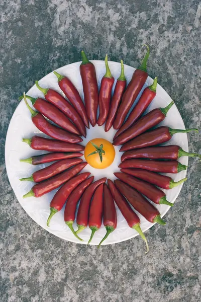 Teller mit gelben Tomaten und roten Paprika — Stockfoto