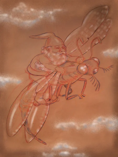 Dwarf rides dragonfly — Stock Photo, Image