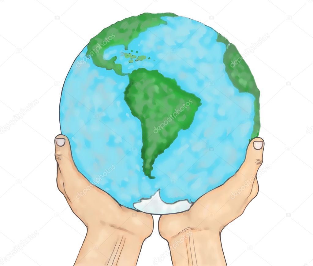 Hands holding planet earth isolated over white