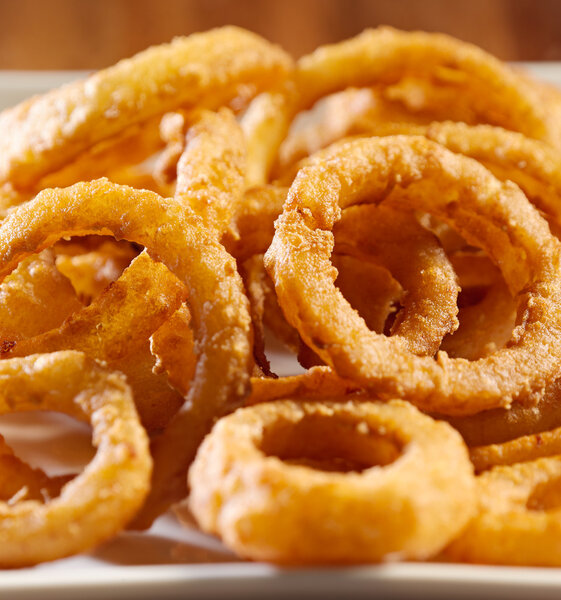 Closeup photo of a pile of onion rings