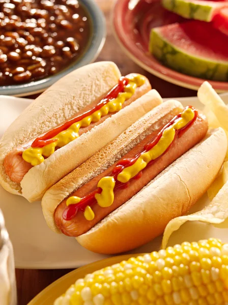 Pasto con hot dog con condimenti — Foto Stock